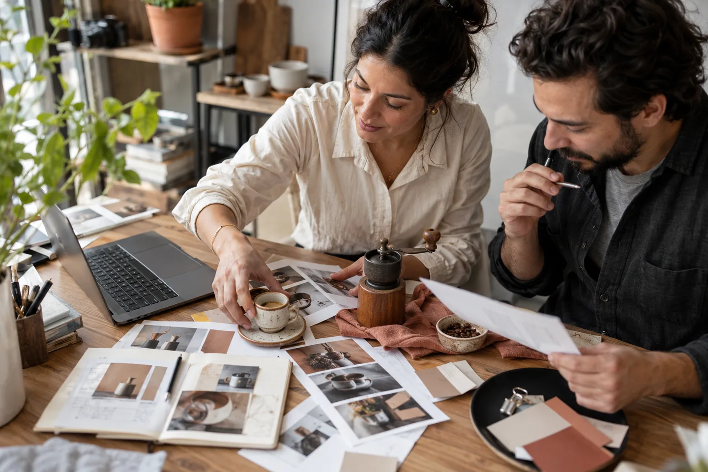Dos profesionales preparan una guía de compra con fotografías de productos.