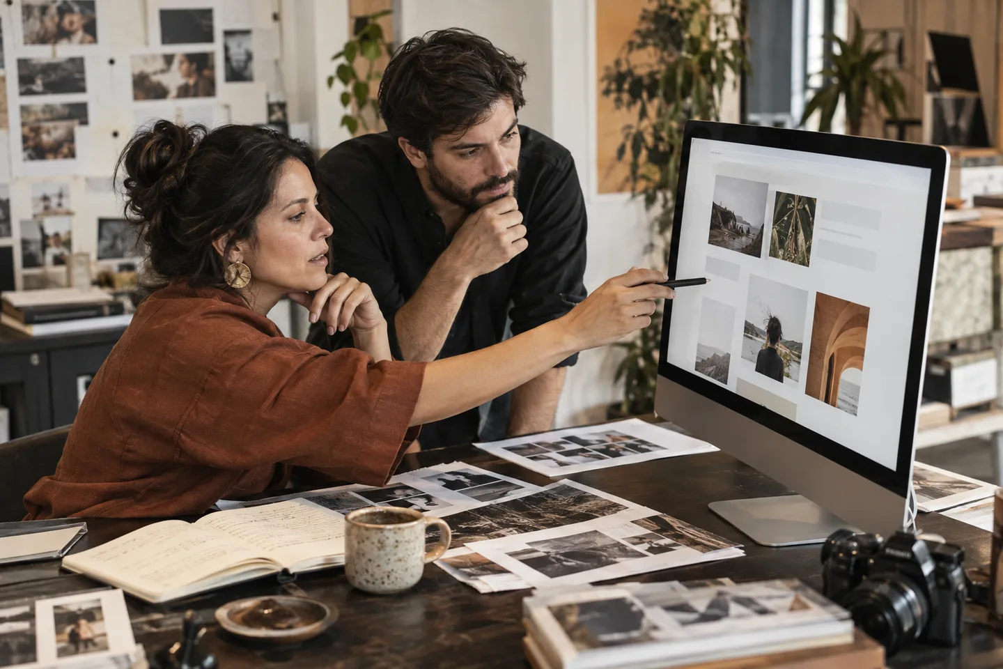 Equipo editorial diseña un blog y revisa fotografías y artículos en pantalla.