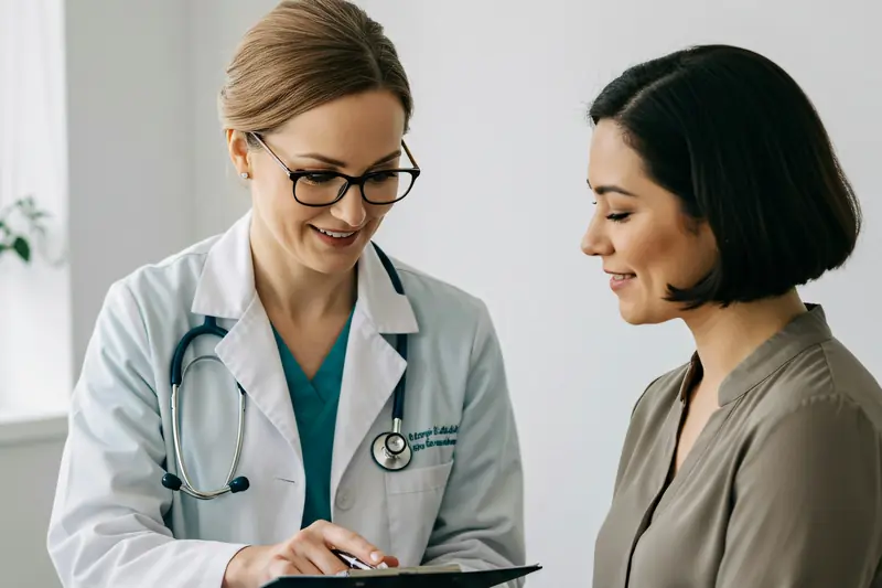 Doctora conversando con una paciente durante una consulta