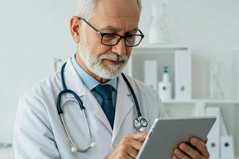 Médico revisando el reporte de resultados en una tableta en su consultorio